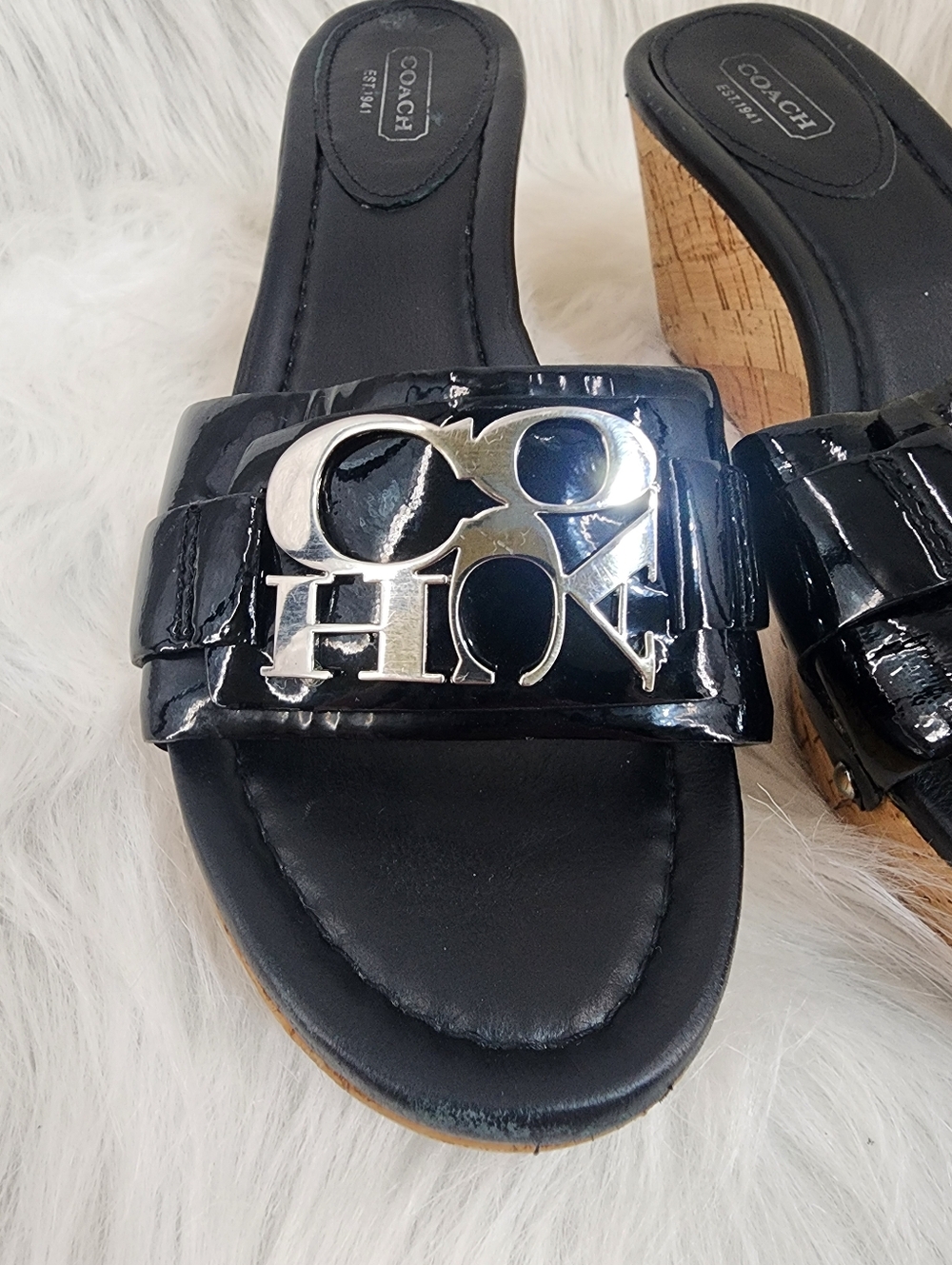 NWOT Coach Slip On Black Patent Leather Cork Wedge Sandals Size 7 - Picture 8 of 10